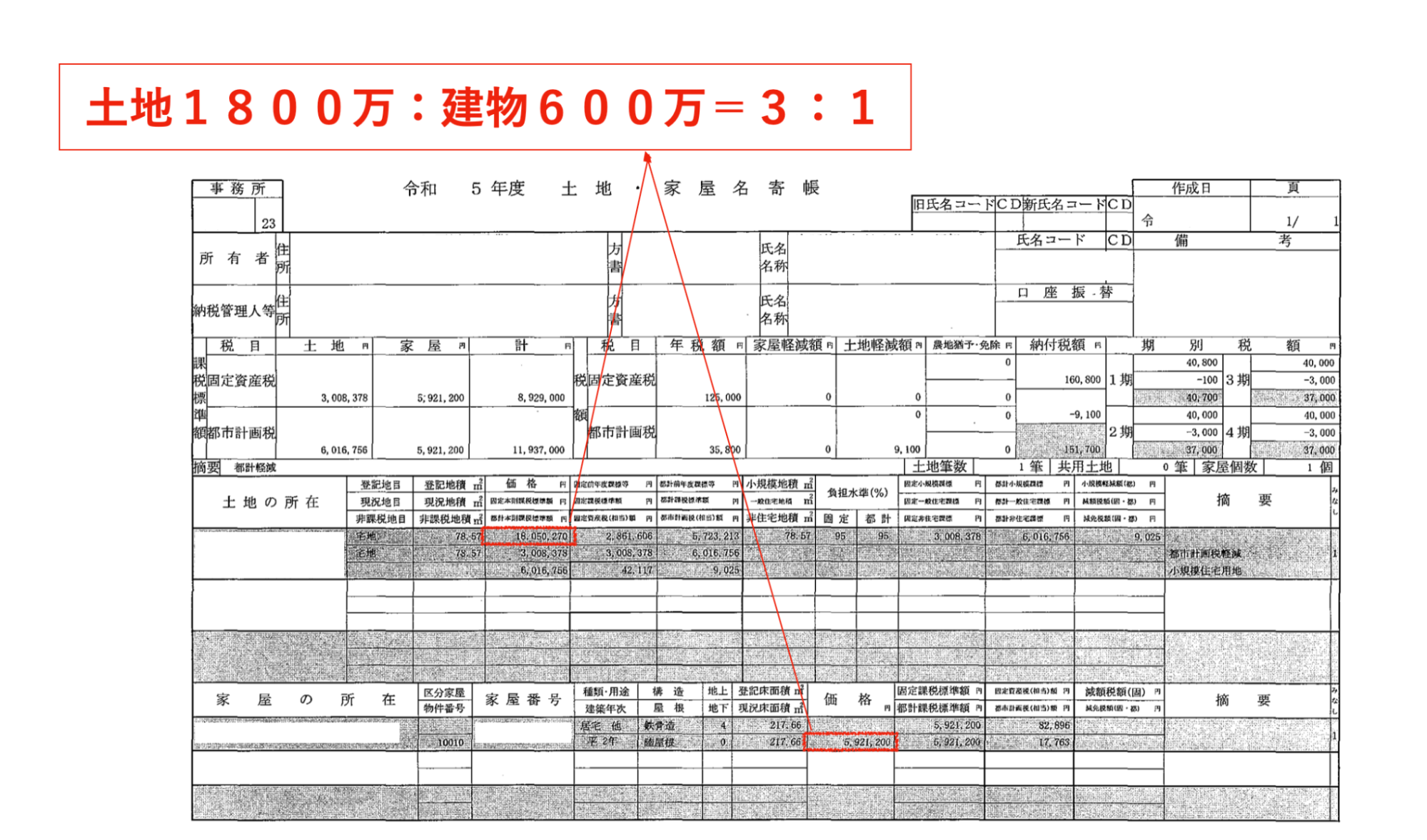 固定資産税評価額で按分する